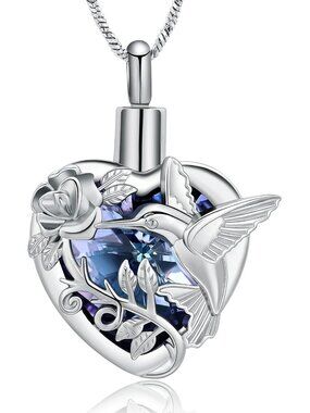 Hummingbird Cremation Jewelry Crystal Heart Urn Necklace for Ashes - Memorial